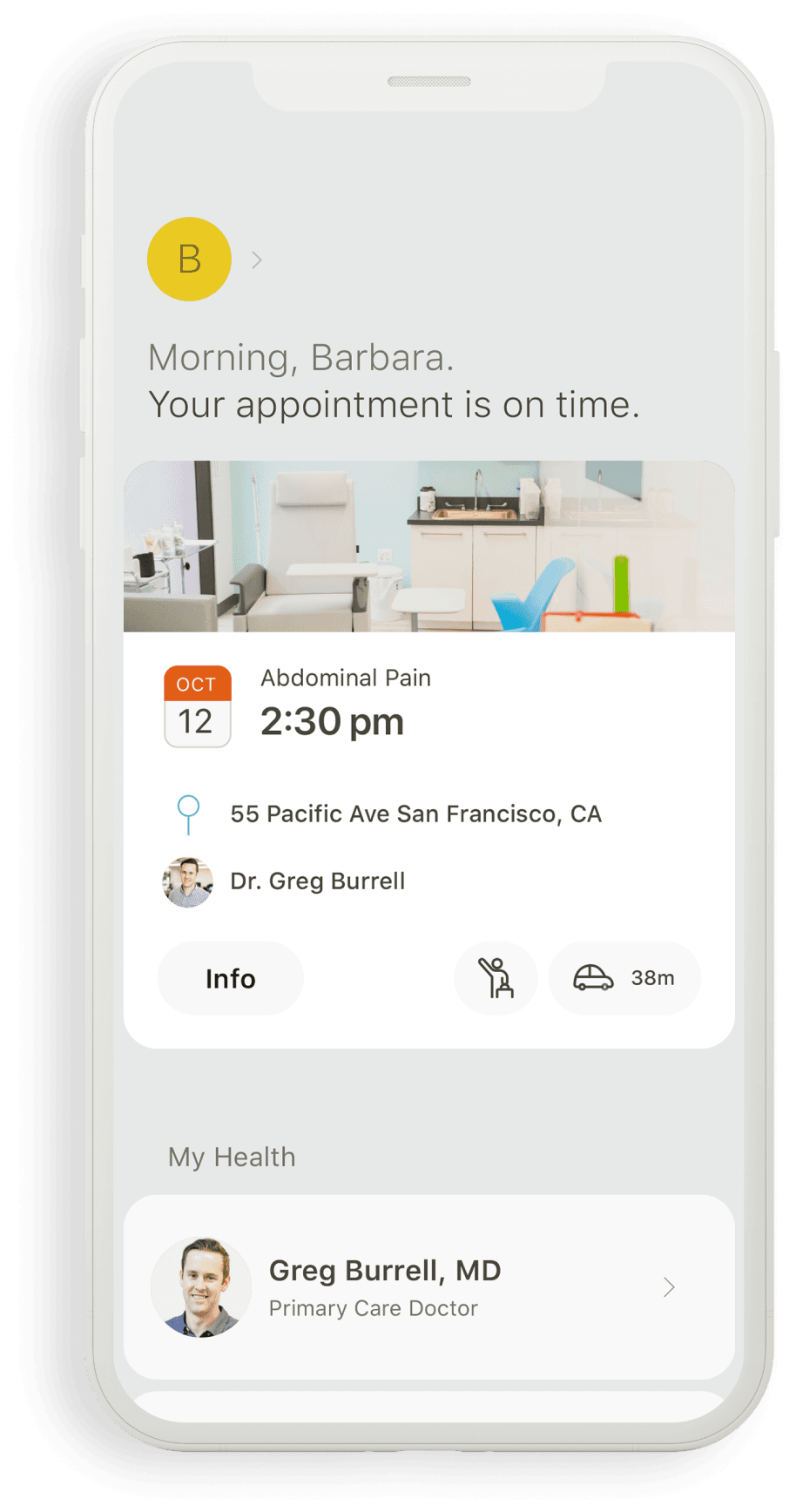 An iPhone showing a patient's next appointment.