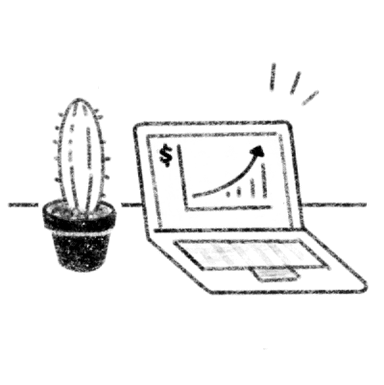 Illustration of a small plant and an open laptop with a positive growth graph on the screen.