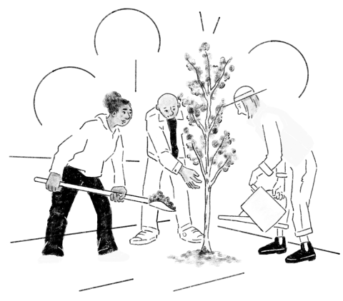 Illustration of three people working together to care for a young tree