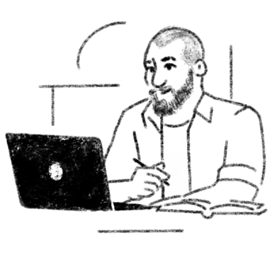 Illustration of a person sitting in front of their laptop taking notes.