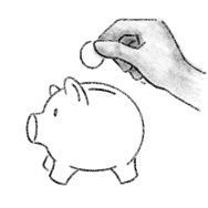 Illustration of a hand dropping a coin into a piggy bank.