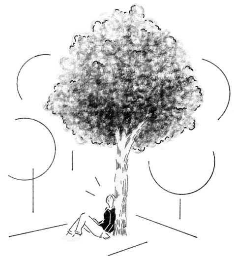 Illustration of a person sitting and thinking beneath the shade of a tree