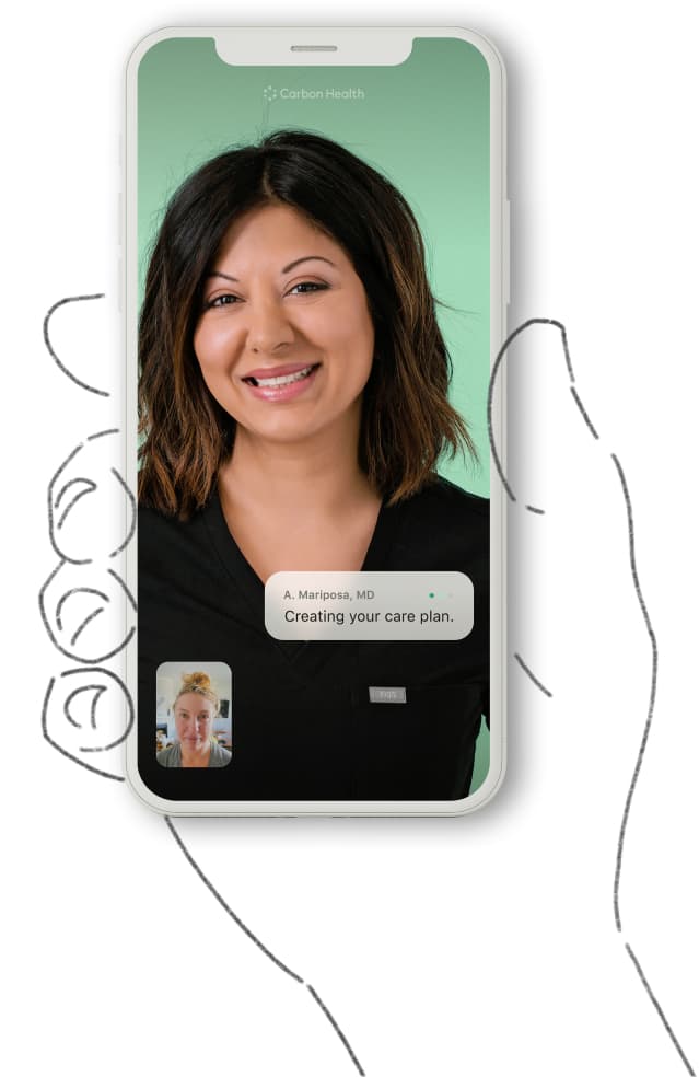 Una ilustración de un teléfono móvil durante una cita virtual con un proveedor de Carbon Health, que está sonriendo. 
